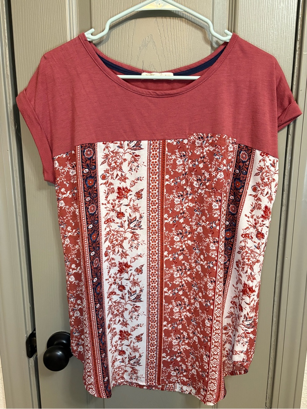 Rewind Rust Floral Panel Short Sleeve Blouse